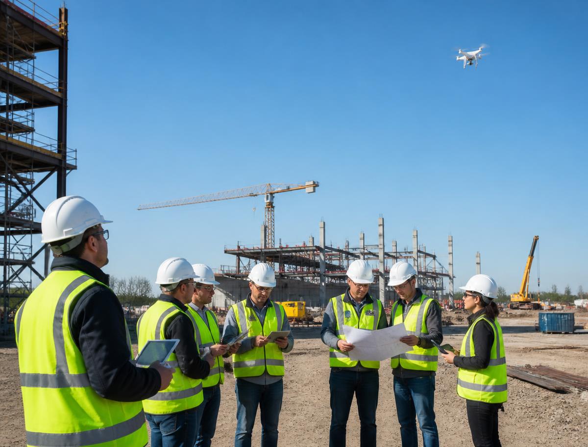 Construction crew flying a survey drone over a building site