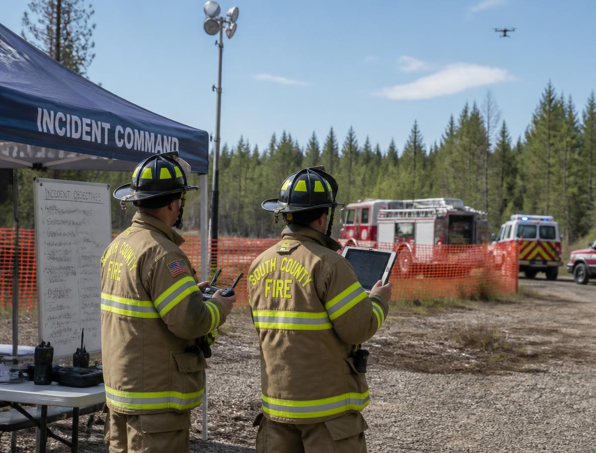 Firefighters operating a drone at an incident scene