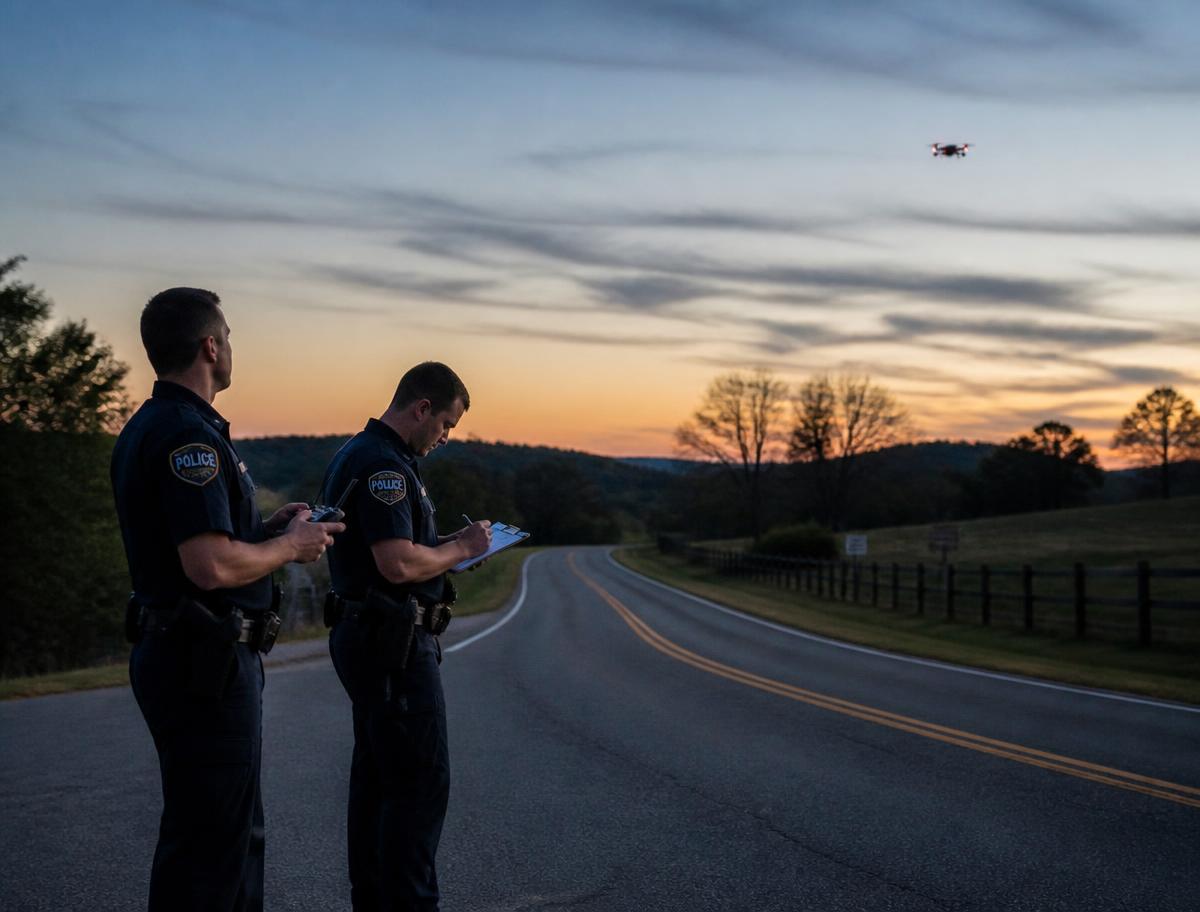 Police officers launching a drone from a roadside at dusk